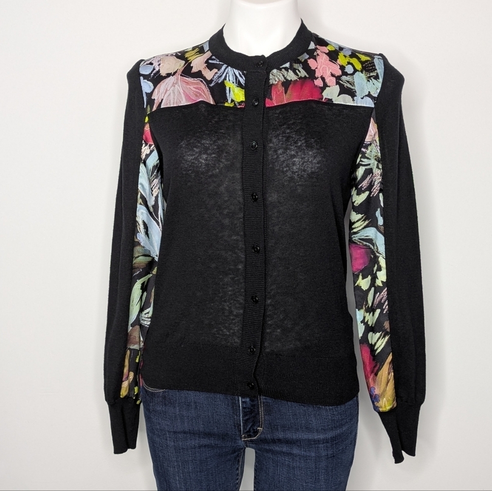 Ted Baker Black Colorful Floral Color Block Cotton Linen Blend Button Up Cardi